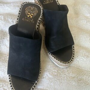 Vince Camuto Black Suede Slide Mules with Espadrille Trim